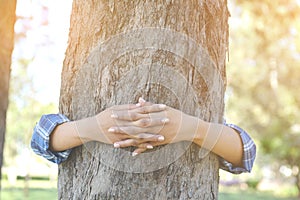 Women hug big tree