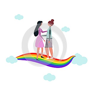 Women hugging. Lesbian couple. Meeting on the rainbow. Close ties. Homosexual romantic dates of partners. LGBT. Modern flat vector