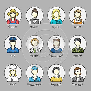 Women icons and avatars in a circle with name. Set of different female professions. Color outlined icon collection.