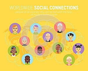 Women icons and social network community concept on a world map