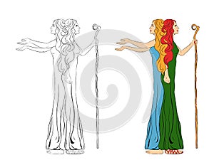 Women in the image of a two-faced Janus. Vector illustration