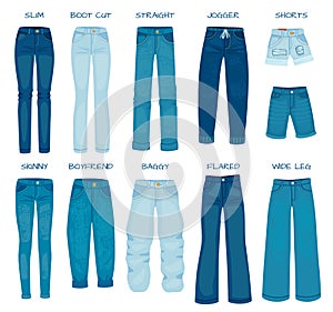 Women jeans fits. Denim female pants models skinny, straight, slim, boyfriend and boot cut. Silhouette styles of jean