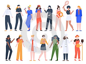 Women job professions. Female workers, lady professional uniform, doctor, policeman, driver and builder workers isolated