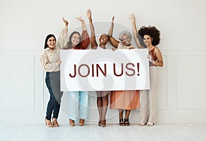 Women, join us and recruitment poster with billboard, mockup or advertising on board for diversity. Female business team