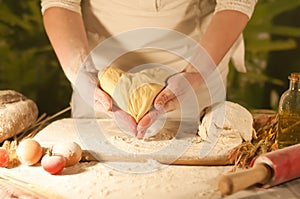 Women baker hands recipe flour pasta butter, tomato preparation dough and making bread