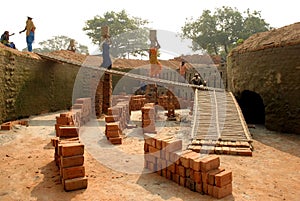 The women labours are carrying clay bricks to burn.