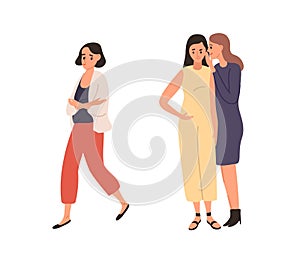 Women laughing and gossiping about female vector flat illustration. Smiling girl talking and whispering behind lonely