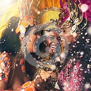 Women, laughing or samba carnival dancers in Brazilian in celebration event, street night party or city performance