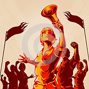 Women Lead Crowd Protest Fist Propaganda Poster