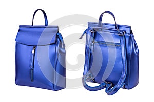 Women leather blue backpack isolated on white background