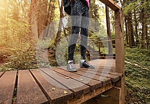 Women legs on wood eco trail in forest. Acrtive healthy tourism concept in nature