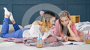 Women leisure girls hanging out floor home drawing