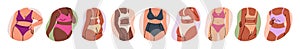 Women lingerie, underwear set. Bodypositive female bodies in bikini, bras, panties. Fat plus-size and slim thin figures