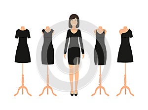 Women in little black dress and four dresses on mannequins. Silhouette apparel. Set elegant cocktail dresses