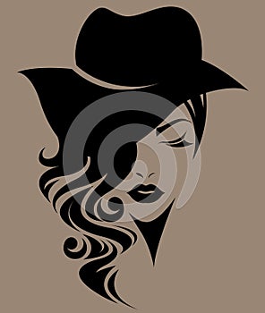 Women long hair with a hat, logo women face on brown background