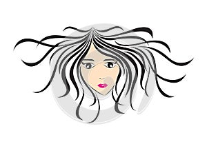 Women long hair style icon, girl face, logo women, salon sign, beauty lady, spa, cartoon, vector