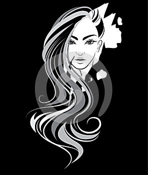 Women long hair style icon, logo women on black background