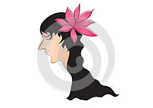 Women long hair style icon white pink flower, Gril face, logo women, salon sign, beauty lady, spa, cartoon