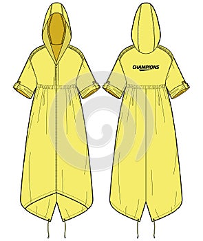 Women long line parka, cagoule Anorak Hoodie jacket design flat sketch illustration, Raincoat Hooded jacket with front and back