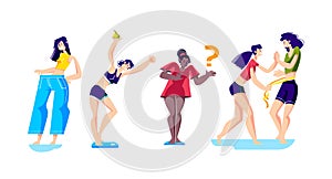 Women loosing weight. Set of cartoon females on scales and with measuring tape