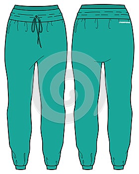 Women low slung jogger track Pants design flat sketch vector illustration, Running pants concept with front and back view,