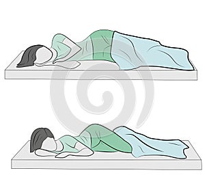 The women are lying on the bed. the correct postures lie on the bed. vector illustration.