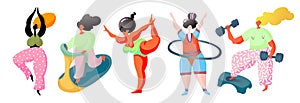 Women make fitness, - yoga, cardio, dumbbells and gymnastics