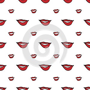 Women make up beauty fashion seamless pattern lips, cosmetic, lipstick. Contour vector illustration