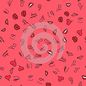 Women make up and beauty products fashion seamless pattern cosmetic, lipstick, bag, shoe contour vector illustration