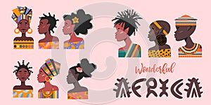 Women and man are Africans. Set of portraits of Africans. Vector illustration