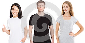 Women and man in blank template t shirt isolated on white background. Guy and girls in tshirt with copy space and mock up