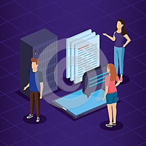 women and man with smartphone technology and documents