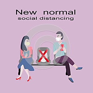 Women and men spaced sitting for social distancing new normal