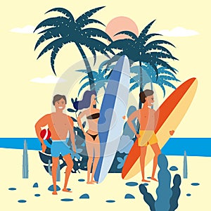 Women and men surfers and beach volleyball player characters with surfboard in bikini and shorts on background of exotic