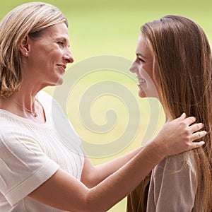 Women, mother and daughter with embrace, happy and mature person with connection, care and love. Mom, girl and family