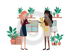 Women with musical instruments in living room