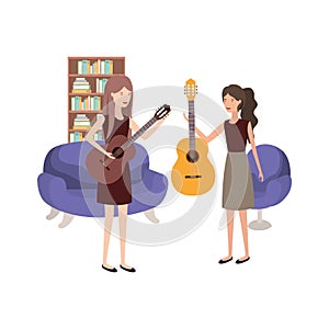 Women with musical instruments in living room