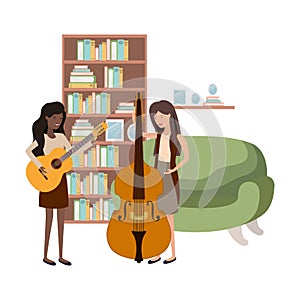 Women with musical instruments in living room