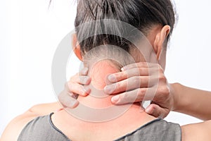 women neck and shoulder pain/injury with red highlights on pain area with white background, healthcare and medical concept