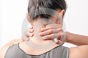 women neck and shoulder pain/injury with white backgrounds, healthcare and medical concept