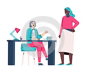 Women office colleagues in working issues, cartoon vector illustration isolated.