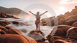 Women with outstretched arms enjoying the wind