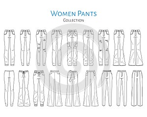 Women pants collection, vector sketch illustration.