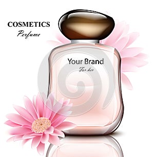 Women perfume bottle with delicate daisy flower fragrance. Realistic Vector Product packaging designs