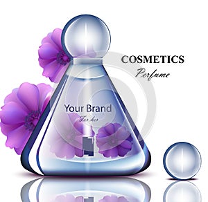 Women perfume bottle with delicate flowers fragrance. Realistic Vector Product packaging designs