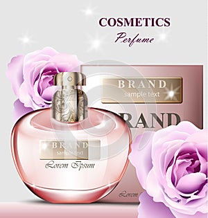 Women perfume bottle rose fragrance. Realistic Vector Product packaging designs mock up