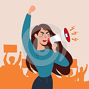 Women with placards and loudspeakers at the protest. Fight for equality, women's rights. Vector flat illustration