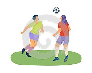 Women play football and throw the ball up to the air, flat vector illustration isolated on white background.