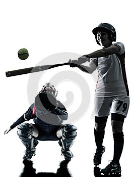 Women playing softball players silhouette isolated