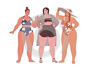 Women with plus-size curvy fat bodies. Plump chubby girls in bikini swimwear. Happy pretty chunky girlfriends standing